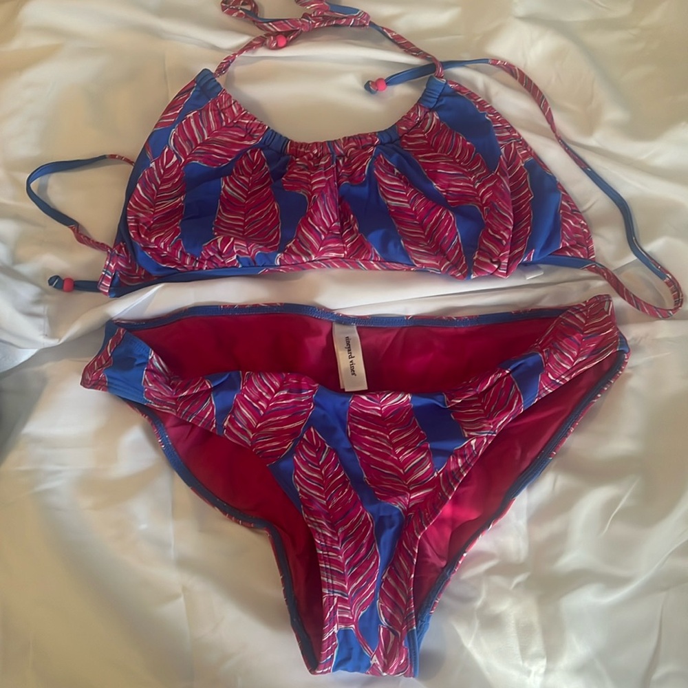 Vineyard Vines Palm Leaf Print Gathered Halter Bikini Size Medium